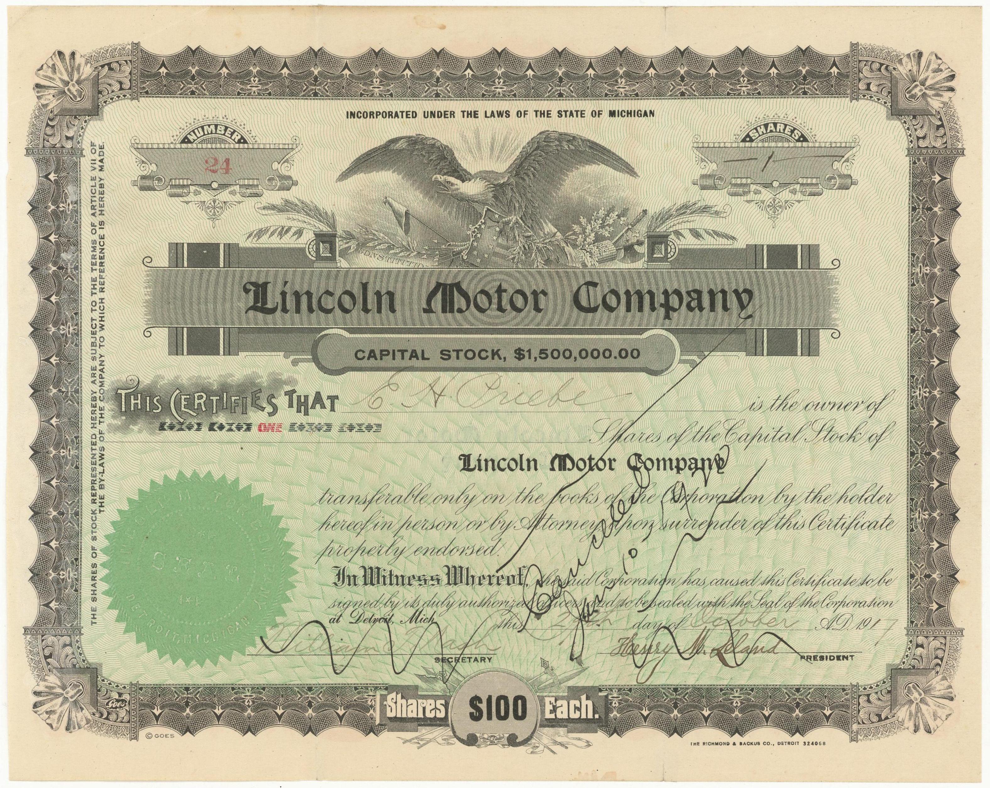 Lot Detail - Early Lincoln Motor Company Stock Certificate