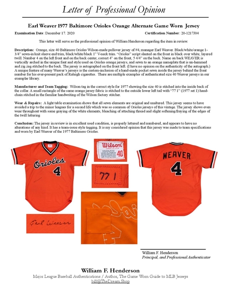 1972 Earl Weaver Game Worn & Signed Baltimore Orioles Jersey with, Lot  #80574