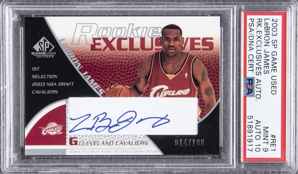 Lot Detail - 2003 SP Game Used Rookie Exclusives Auto. #RE1 LeBron James  Signed Rookie Card (#014/100) – PSA MINT 9, PSA/DNA 10