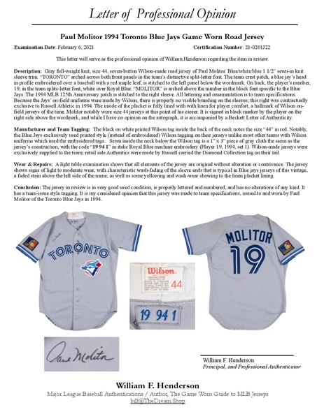 Lot Detail - 1994 Paul Molitor Game Used & Signed Toronto Blue