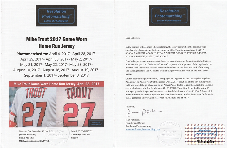 Lot Detail - 2018 Mike Trout Game Used Road Jersey Photo Matched to 8 Games  - 3 HR With 7 Runs & 7 RBI (MLB Authenticated & Sports Investors  Authentication)