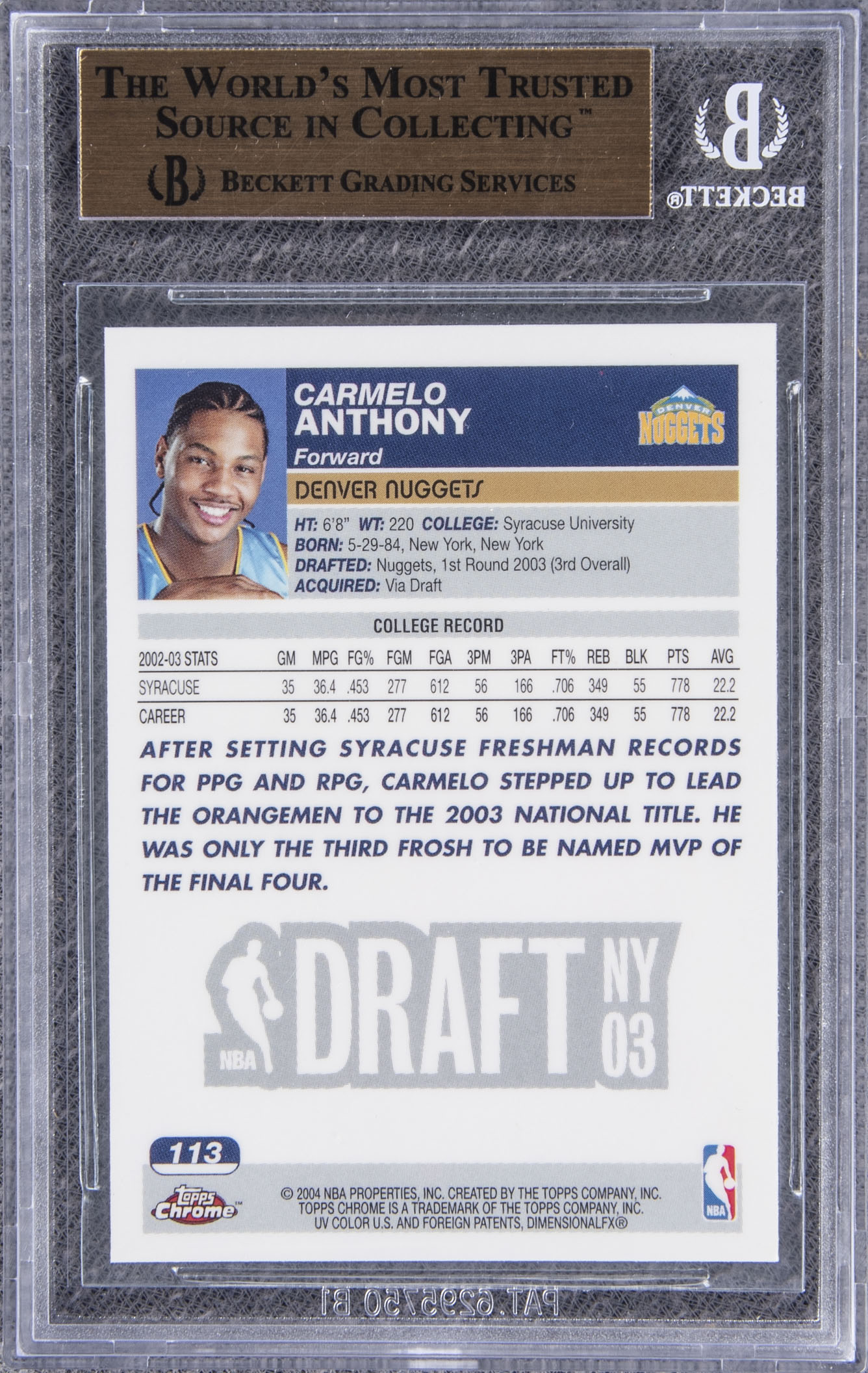 Lot Detail - 2003-04 Topps Chrome #113 Carmelo Anthony Rookie Card ...