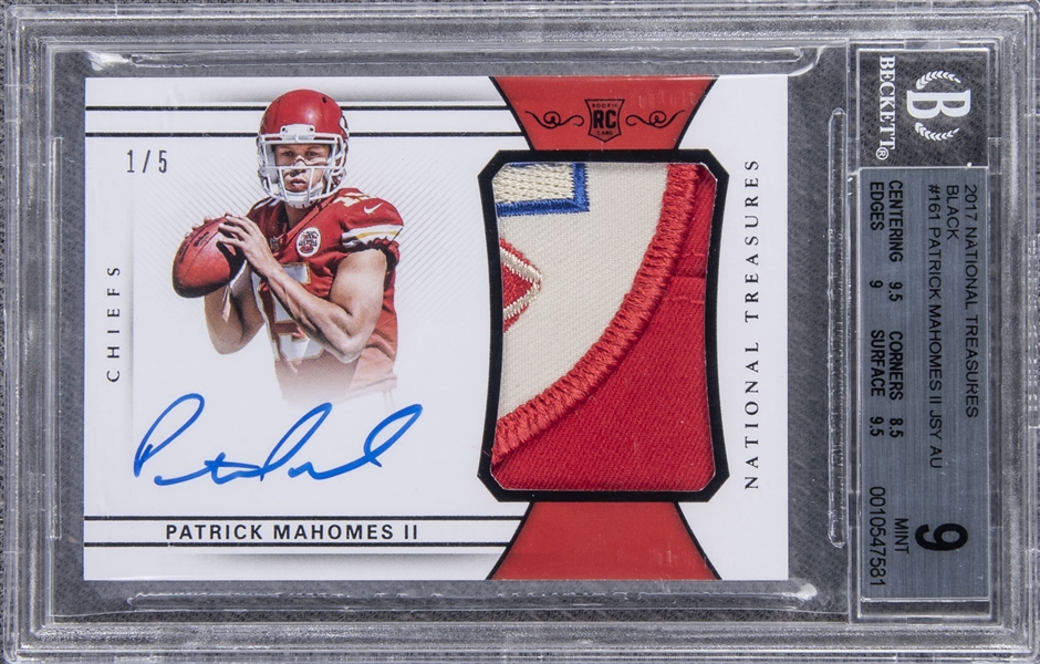 2017 Panini National Treasures Black #161 Patrick Mahomes Signed Patch Rookie Card (#1/5) - BGS MINT 9/BGS 10