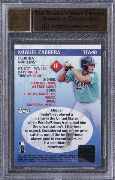 Miguel Cabrera Florida Marlins Autographed 2000 Topps Traded #T40 Beckett  Fanatics Witnessed Authenticated Rookie Card