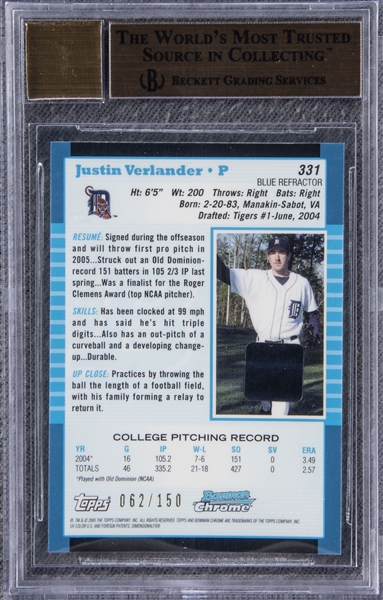 Justin Verlander 2005 Bowman Rookie Card
