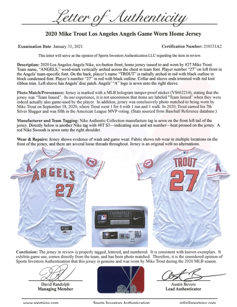 Mike Trout Spring Game Used Jersey Inscribed Training is