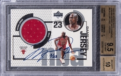 1998-99 Upper Deck "Jordan Jersey Autographs" #MJx-GJ Michael Jordan Signed Game Used Patch Card (#3/23) – BGS GEM MINT 9.5/BGS 10