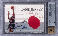 1999-00 Upper Deck "Game Jerseys Autographed" #GJ10A Michael Jordan Signed Game Used Patch Card (#13/23) – BGS MINT 9/BGS 10