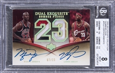 2005-06 UD "Exquisite Collection" Dual Number Pieces #DNJJ Michael Jordan/LeBron James Dual Signed Game Used Patch Card (#07/23) - BGS NM-MT 8/BGS 9