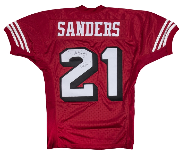 Lot Detail - 1994 DEION SANDERS SIGNED SAN FRANCISCO 49ERS GAME ISSUED HOME  JERSEY AND SIGNED PAIR OF GAME WORN (MUDDY) CLEATS FROM SUPER BOWL WINNING  SEASON (RAHN COLLECTION)