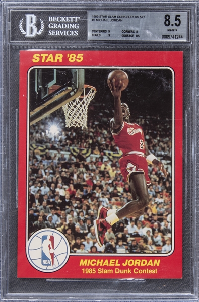 apretado falso Remisión Lot Detail - 1985 Star Slam Dunk 5x7 Michael Jordan Rookie Card - BGS  NM-MT+ 8.5