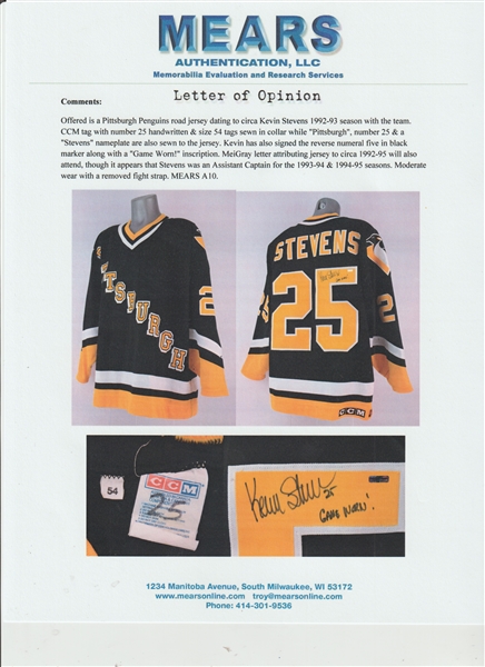 Lot Detail - 1992-93 Kevin Stevens Game Used & Signed Pittsburgh