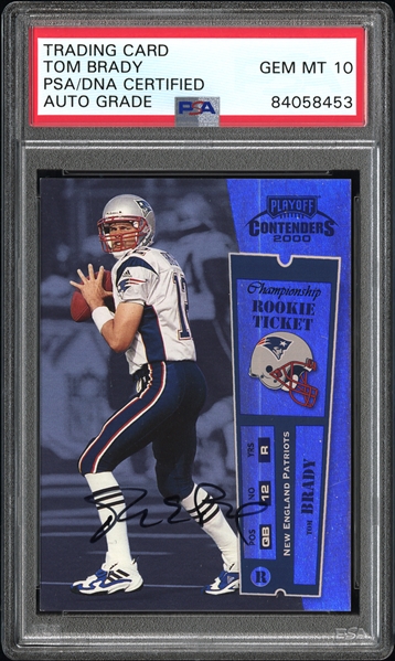 2000 Playoff Contenders "Championship Rookie Ticket" #144 Tom Brady Signed Rookie Card (Donruss File Copy) – PSA/DNA GEM MT 10 Signature! – Possibly the Only Example in the Hobby!