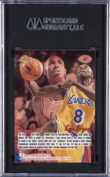 Lot Detail - 1996-97 Fleer Ultra #52 Kobe Bryant Rookie Card - SGC 