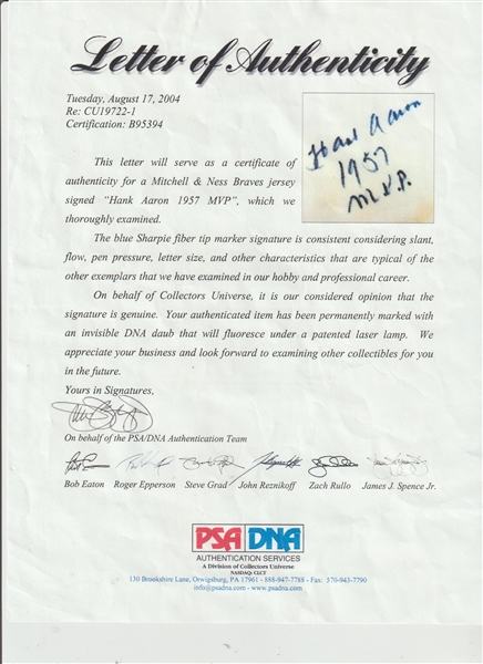 Autographed Atlanta Braves Hank Aaron Fanatics Authentic 1957 White  Mitchell & Ness Authentic Jersey with HOF 82 Inscription