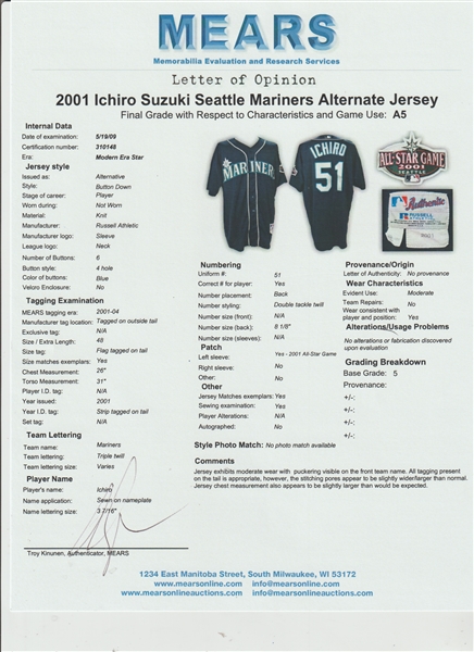 2001 Ichiro Suzuki Signed Game Used Seattle Mariners Jersey MEARS