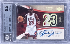 2005-06 UD "Exquisite Collection" Exquisite Number Pieces #ENMJ Michael Jordan Signed Game Used Patch Card (#22/23) - BGS NM-MT+ 8.5/BGS 10