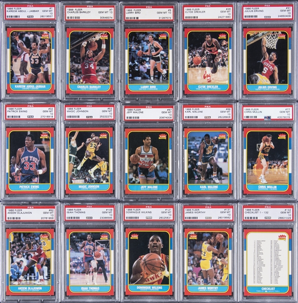1986-87 Fleer Basketball PSA GEM MT 10 Near Set (130/132) – Missing #s 57 Jordan and 76 Moore