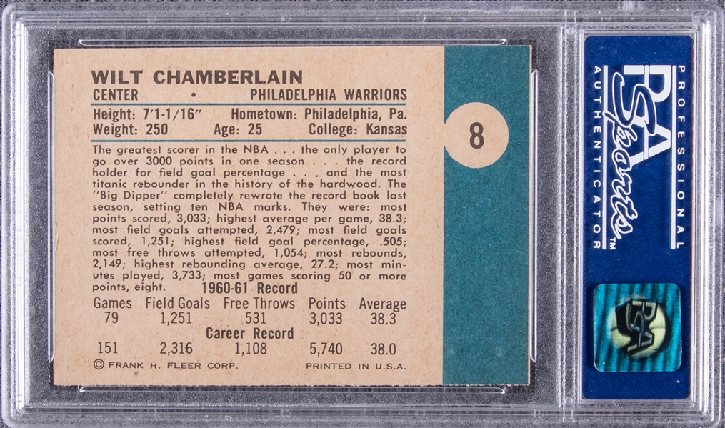 Lot Detail - 1961/62 Fleer #8 Wilt Chamberlain Rookie Card – PSA 