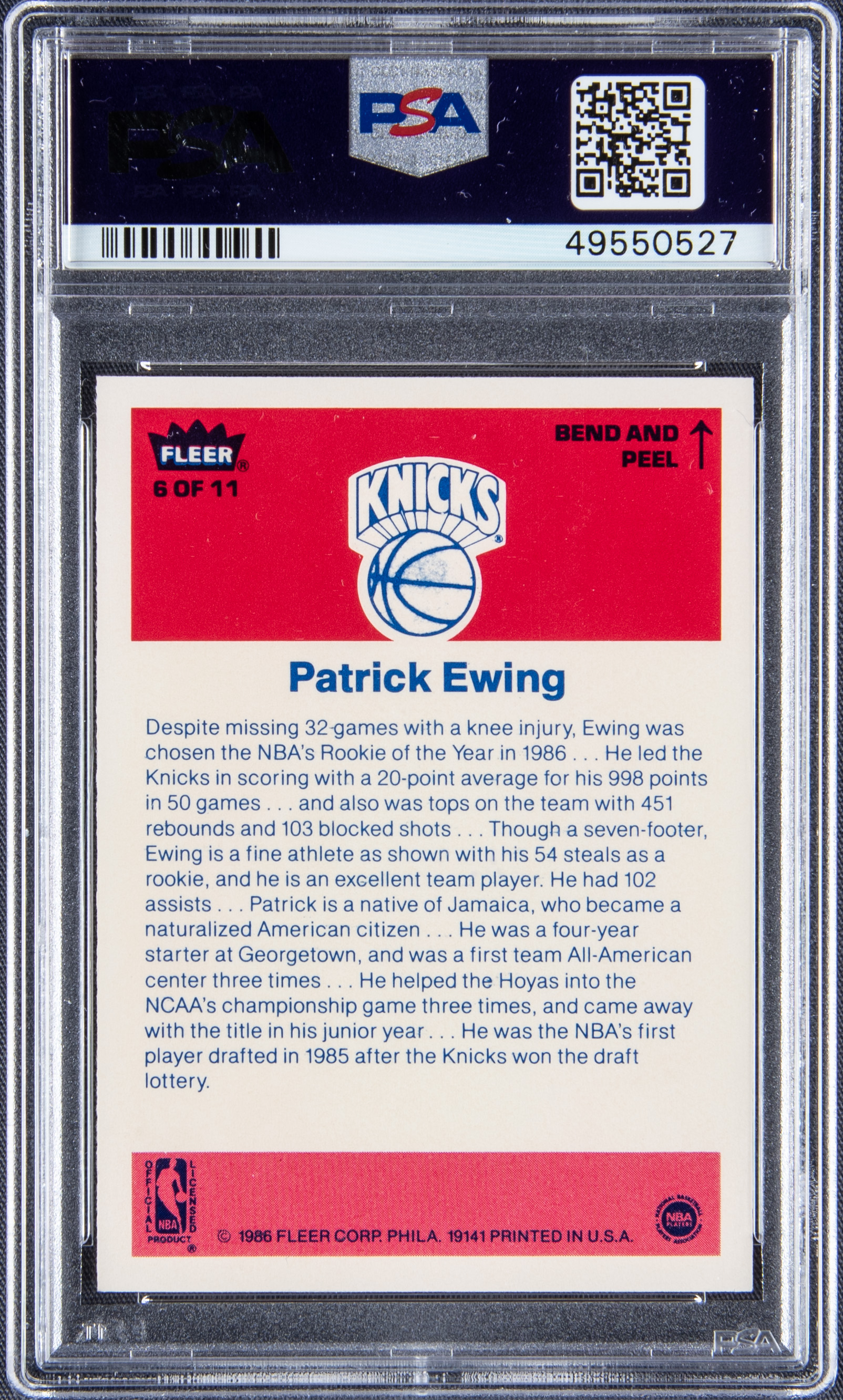 Lot Detail - 1986-87 Fleer Sticker #6 Patrick Ewing Rookie Card - PSA ...