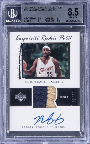 2003-04 UD "Exquisite Collection" Exquisite Rookie Patch Autograph (RPA) #78 LeBron James Signed Patch Rookie Card (#48/99) – BGS NM-MT+ 8.5/BGS 10 – LeBrons First "Exquisite Collection" Rookie Card!