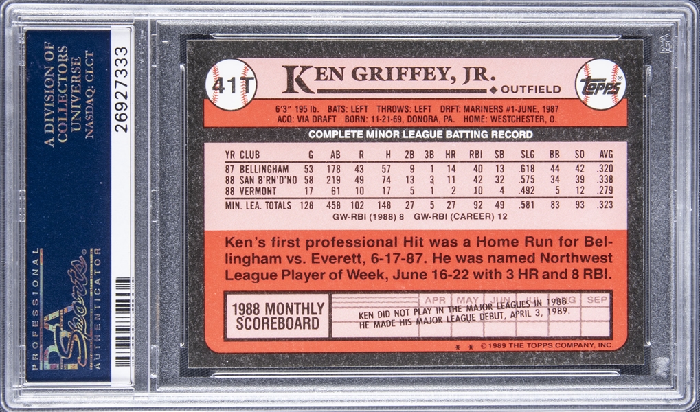 Ken Griffey Jr Rookie Card 1989 Topps Traded Update #41t Seattle Mariners  PSA 9