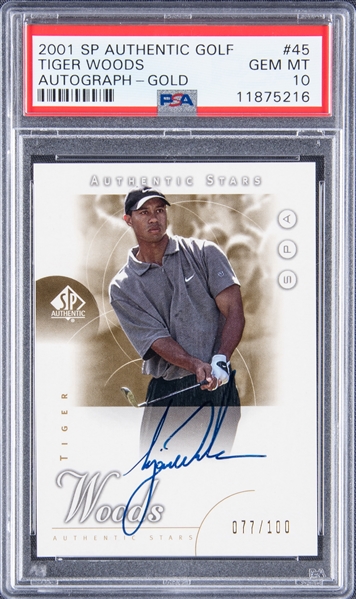 Lot Detail - 2001 SP Authentic Golf "Authentic Stars" Autograph Gold #45 Tiger Woods Signed Rookie Card (#077/100) – PSA GEM MT 10
