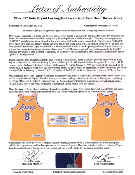 Lot Detail - 1996-1997 Kobe Bryant Rookie LA Lakers Game-Used