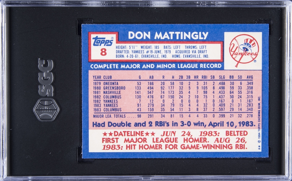 Don Mattingly baseball card (New York Yankees) 1984 Topps #8 Rookie