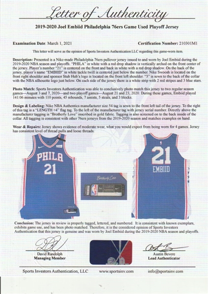 Joel Embiid - Philadelphia 76ers - Game-Worn Icon Edition Jersey