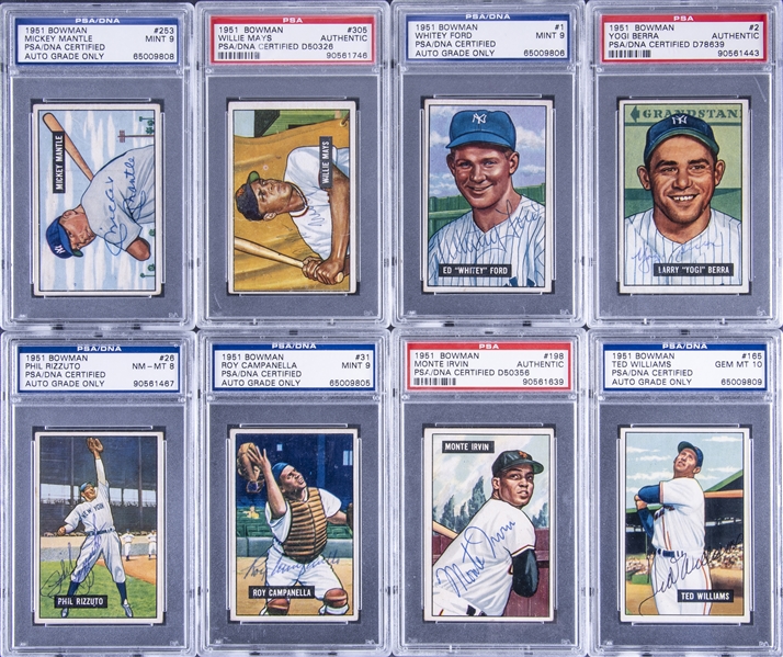1951 Bowman Baseball PSA/DNA-Encapsulated and Certified Complete Set - All Signed Except #225 – Featuring Mantle, Mays and Ford Signed Rookie Cards!
