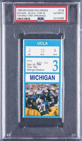 Lot Detail - 1996 Tom Brady College Debut Ticket Stub from UCLA Bruins vs.  Michigan Wolverines on 9/28/96 (PSA Authentic)
