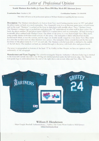 1998 Ken Griffey Jr. Game-Worn, Signed Mariners Jersey