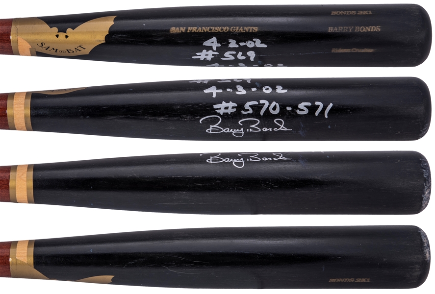 Lot Detail - 2002 Barry Bonds Game Used, Signed, Inscribed & Photo Matched  SAM BAT Model Bonds 2K1 Bat Matched To Career HR's 569, 570 & 571 (PSA/DNA  GU 10, Bonds LOA & Elite Sports PM)