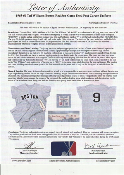 Lot Detail - 1965-1966 Ted Williams Post Career Game Used Boston Red Sox  Road Uniform: Jersey & Pants (Sports Investors Authentication)