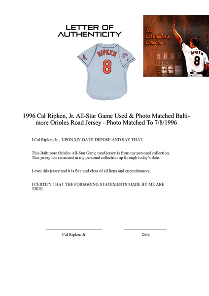 Lot Detail - 1996 Cal Ripken Jr. Baltimore Orioles Game-Used & Autographed  TBTC Road Jersey (JSA • MLB Authenticated)