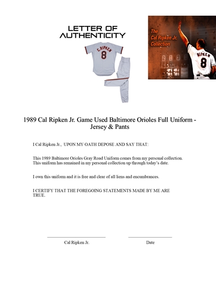 1989 Cal Ripken, Jr. Game Worn Baltimore Orioles Jersey. , Lot #81405