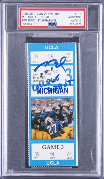 Lot Detail - Tom Brady's College Football Debut Ticket! - 1996 Michigan  Wolverines Tom Brady Signed & Inscribed Full Ticket From 9/28/96 (PSA  Authentic/PSA 10 & Tristar POP 1)