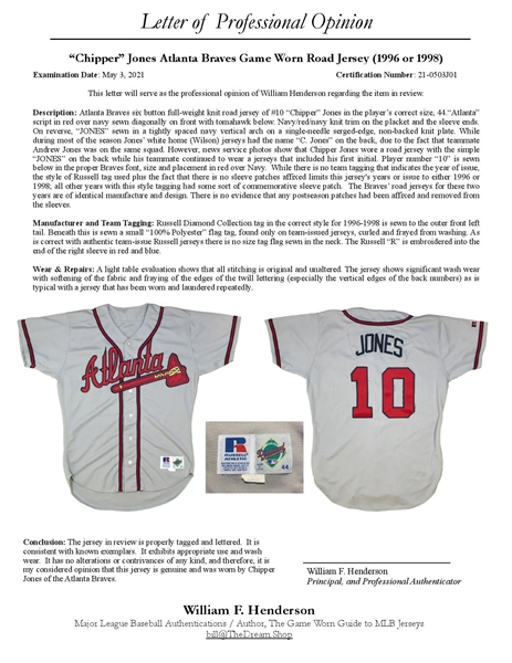 Lot Detail - 1996/98 Chipper Jones Game Used Atlanta Braves Road Jersey