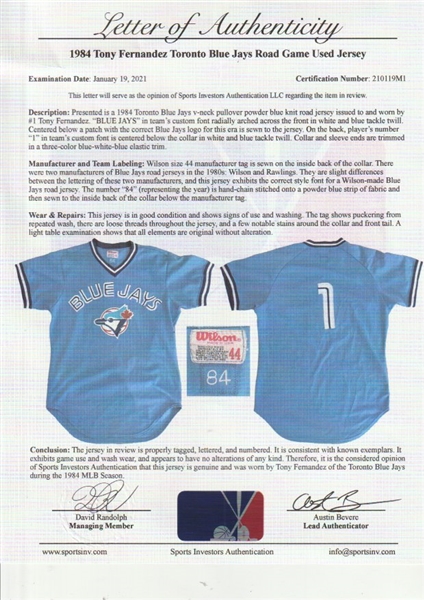 Lot Detail - 1984 Tony Fernandez Game Used Toronto Blue Jays Road