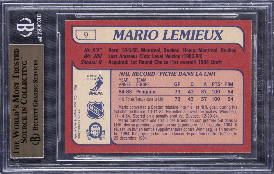 Mario Lemieux Signed 1985 O-Pee-Chee #9 RC Card Graded 6 Auto Grade 8 PSA  Slab