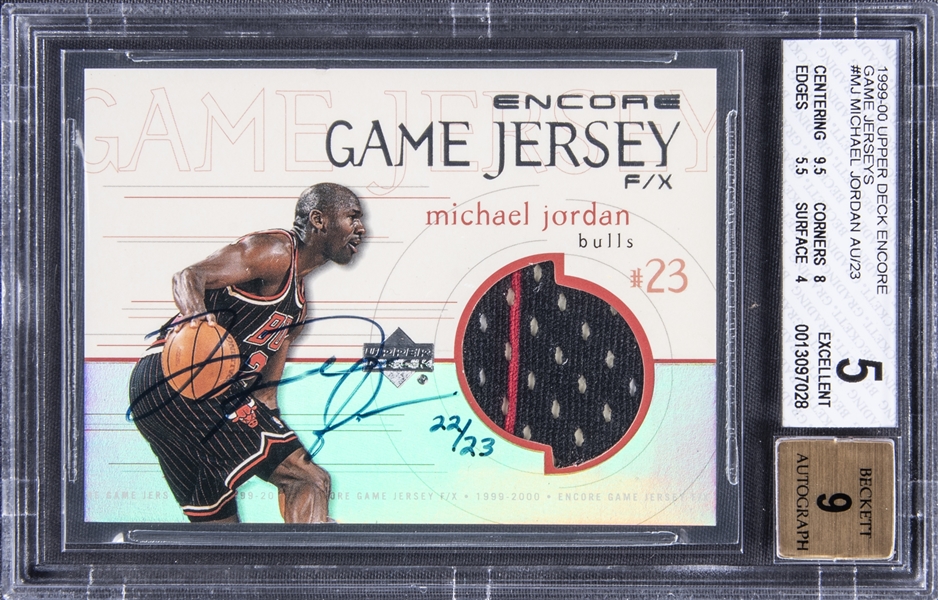 1999-00 UD "Encore" Game Jerseys #MJ-A Michael Jordan Signed Game Used Jersey Card (#22/23) – BGS EX 5/BGS 9
