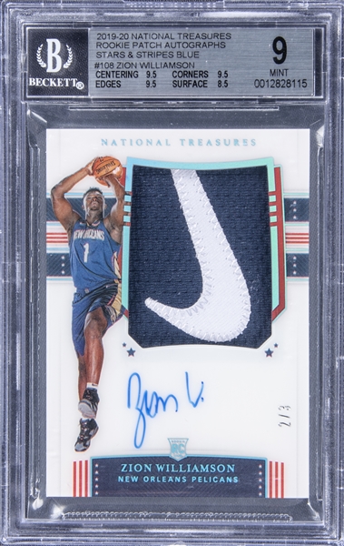 2019-20 Panini National Treasures "Rookie Patch Autographs" Stars & Stripes Blue #108 Zion Williamson Signed Patch Rookie Card (#2/3) - BGS MINT 9/BGS 10