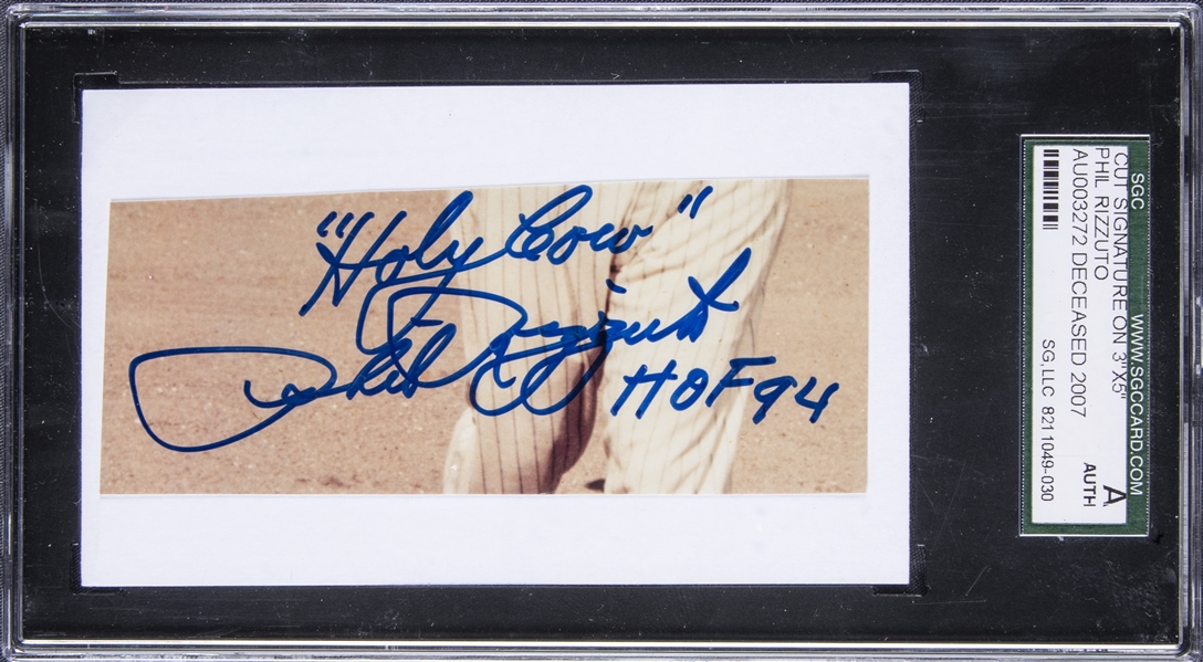 Lot Detail - Phil Rizzuto HOF Holy Cow Cut Signature on 3x5
