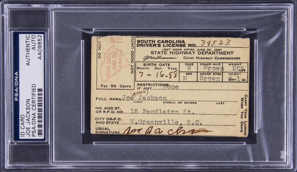 "Shoeless" Joe Jackson Signed South Carolina Drivers License - Rare Signature (PSA/DNA)