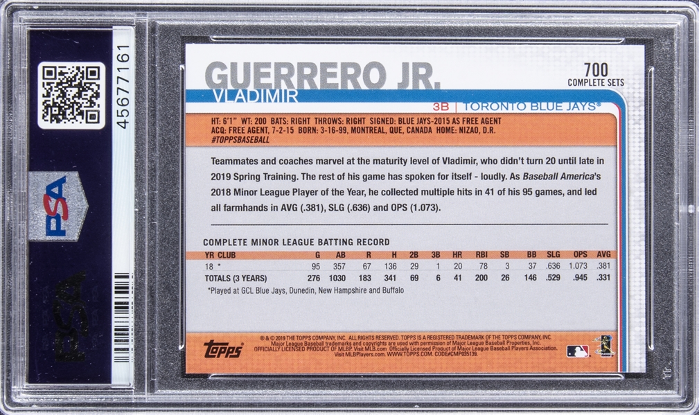 Vladimir Guerrero Jr 2019 Topps Complete Set Batting Rookie Card #700 PSA 10