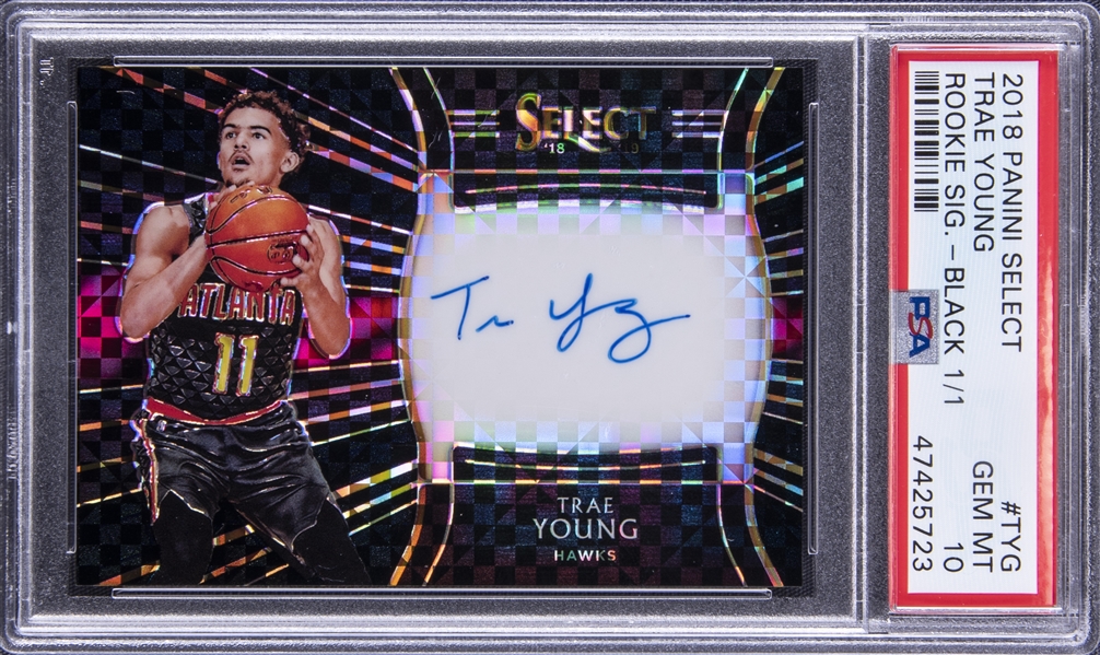 2018-19 Panini Select Rookie Signatures Black #TYG Trae Young Signed Rookie Card (#1/1) - PSA GEM MT 10