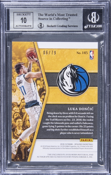 A Luka Doncic' rookie card with a patch of one of his game-worn