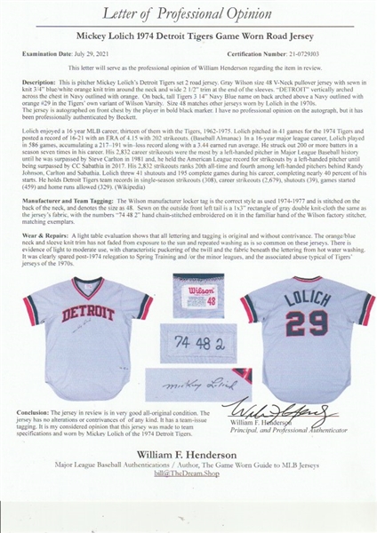 Lot Detail - 1974 Mickey Lolich Game Used & Signed Detroit Tigers Gray Road  Jersey (Henderson & Beckett)