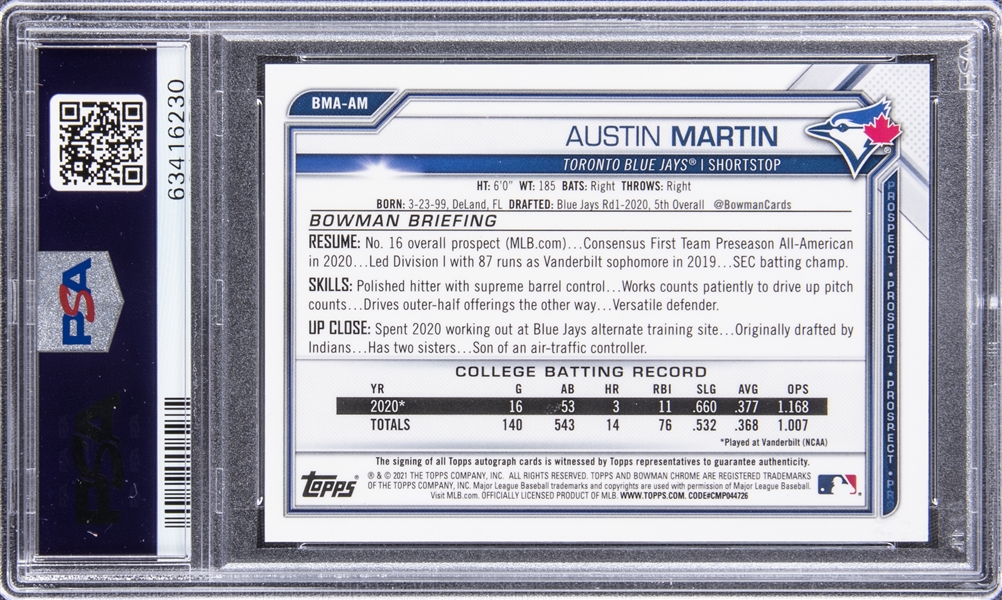  2021 Bowman Chrome 40-Man Futures Refractor #FMF-4 Austin Martin  Toronto Blue Jays Baseball : Collectibles & Fine Art